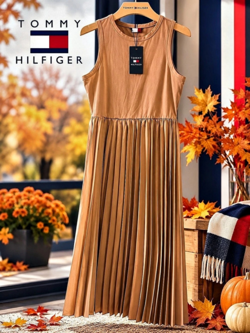 Tommy Hilfiger Mixed-Media Pleated Tank Dress Brown